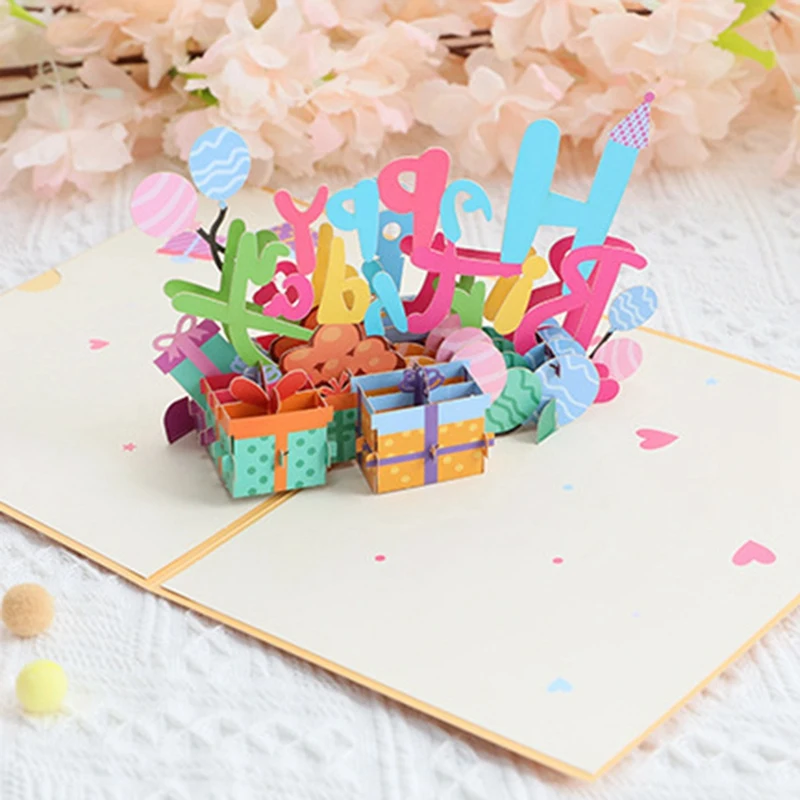 3D Threedimensional Birthday Greeting Card Colorful Handmade Paper Carving Blessing Gift Message Insertable Digital Card Durable