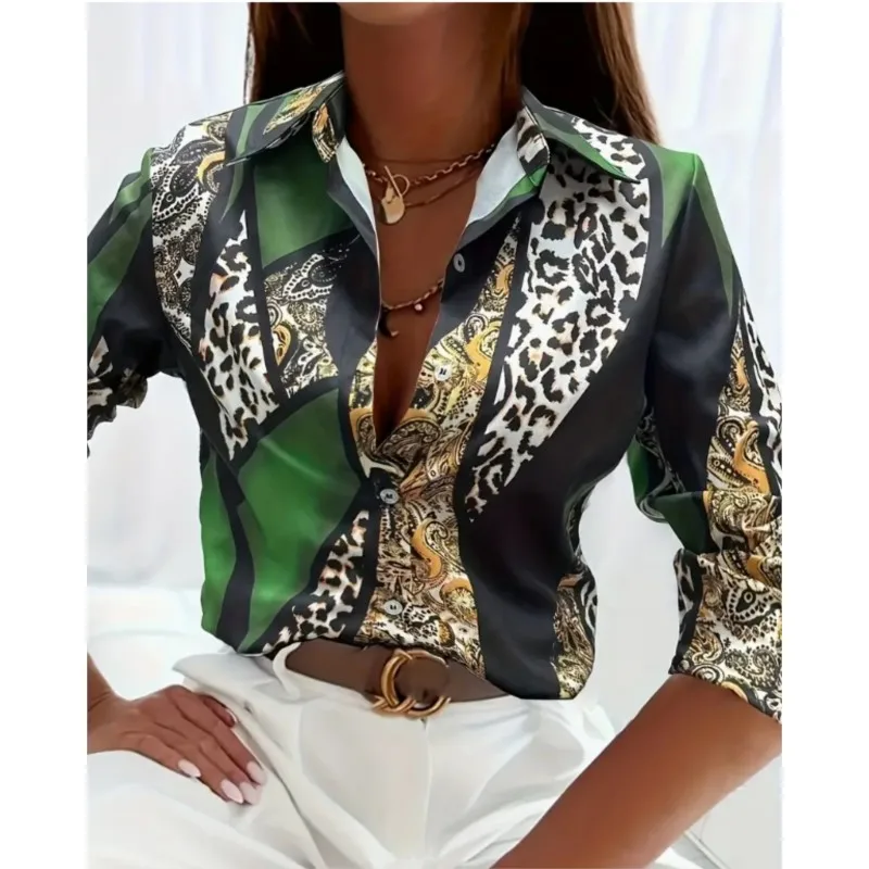 New women's long sleeved shirt with lapel button leopard print butterfly prined personalized and comfortable shirts for women