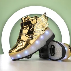 2024 Children's Roller Skating Shoes High-top Shoelaces for Boys and Girls LED Lights USB Charging Training Shoes for Kids