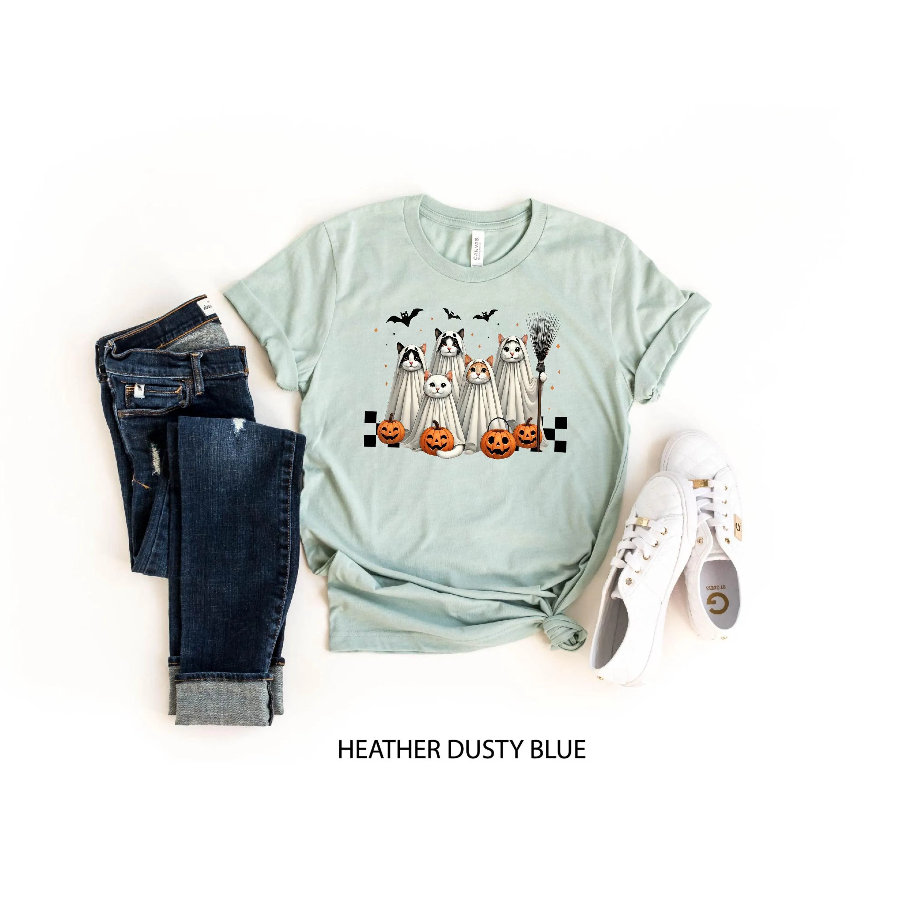 

Cute Ghost Cats Halloween T Shirt Retro Cat Spooky Season Lover Owner Pumpkin