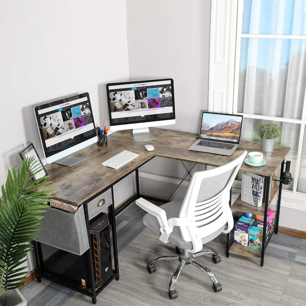 Two person office desk, large L-shaped computer desk with storage rack drawers, home office writing corner office desk