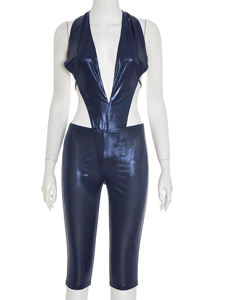 Beyprern Sexy Glanzend Metallic Bandage Twee Stukken Korte Set Vrouwen Solid Halter Mouwloze Halter Top En Shorts Suits Club Party