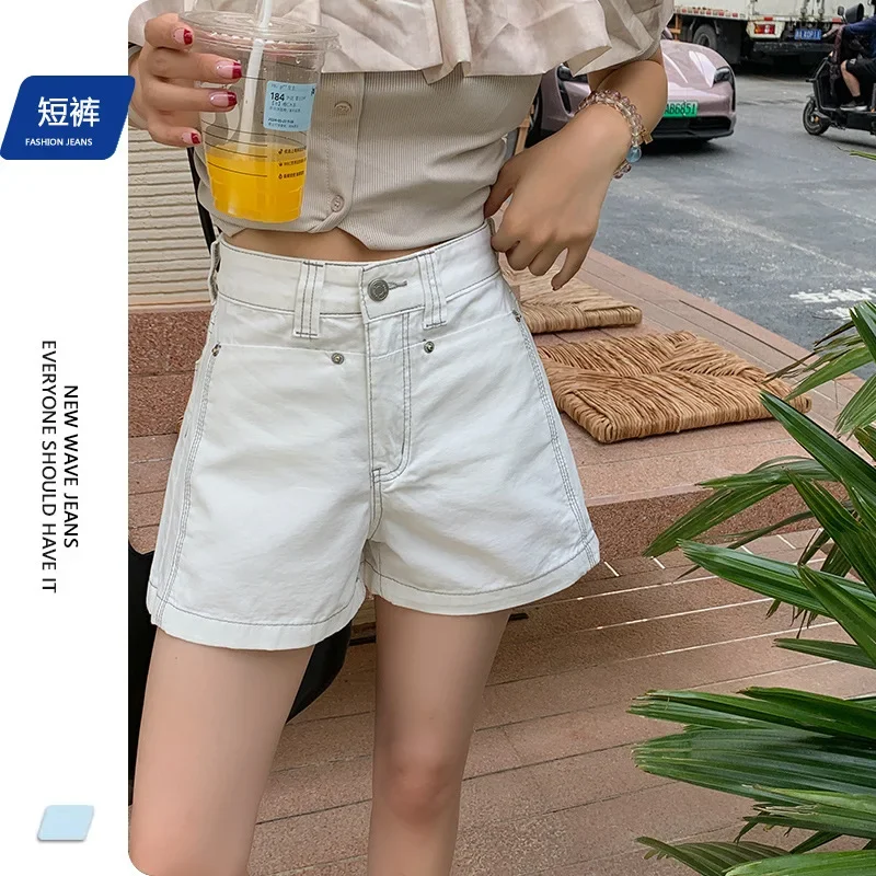 Celana Pendek Denim Pinggang Tinggi Rasa Desain, Celana Kaki Lebar Longgar Fashion Baru Musim Panas Wanita, Jeans Pendek Kaki Lurus Kasual untuk Wanita