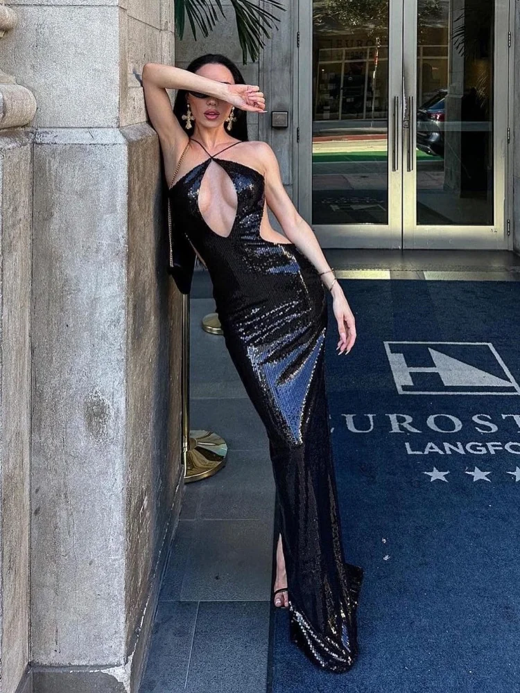 セクシーなスパンコールホルターネックブラックロングドレス、深いプッシュアップカットアウト付き – 夏の新作、背中見せ、クラブナイト、DJパーティー、誕生日、イブニングドレス