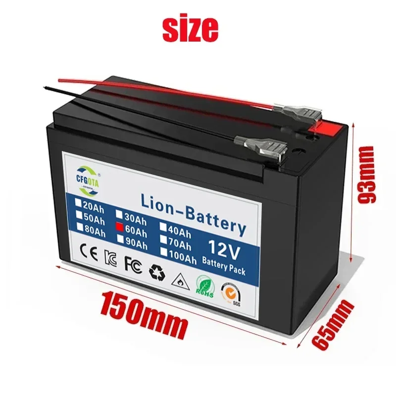 Batterie au lithium pour panneaux solaires, courant élevé intégré, batterie de véhicule électrique BMS, chargeur 18650 V, 12V, 60Ah, 30A, 12.6