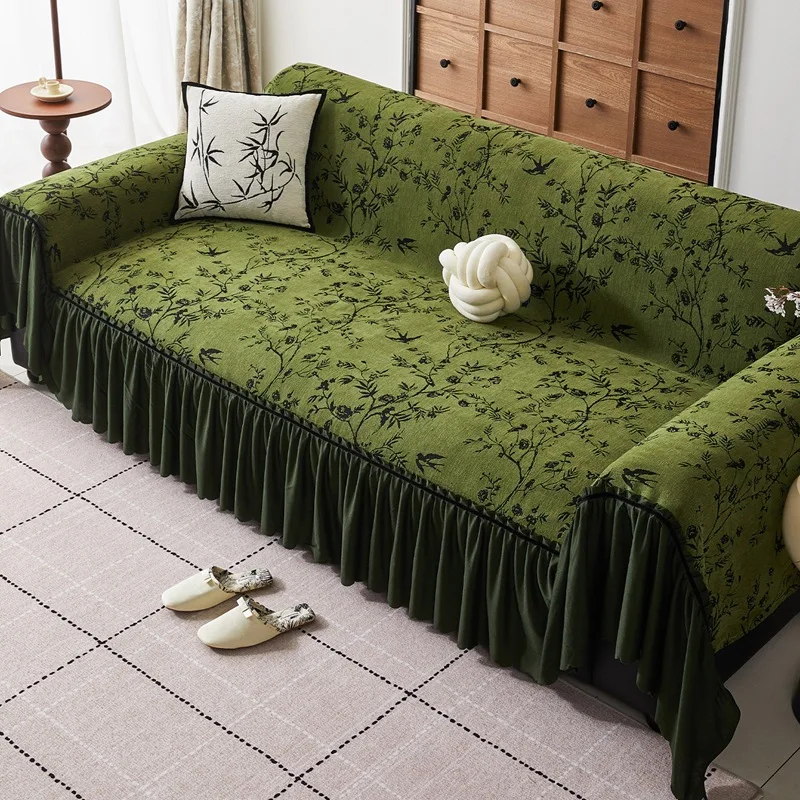 Chinese Chenille Skirt Edge Sofa Towel All-Cover Plant Flower Printed Corner Couch Covers Anti-Scratch Sofa Blanket for Home