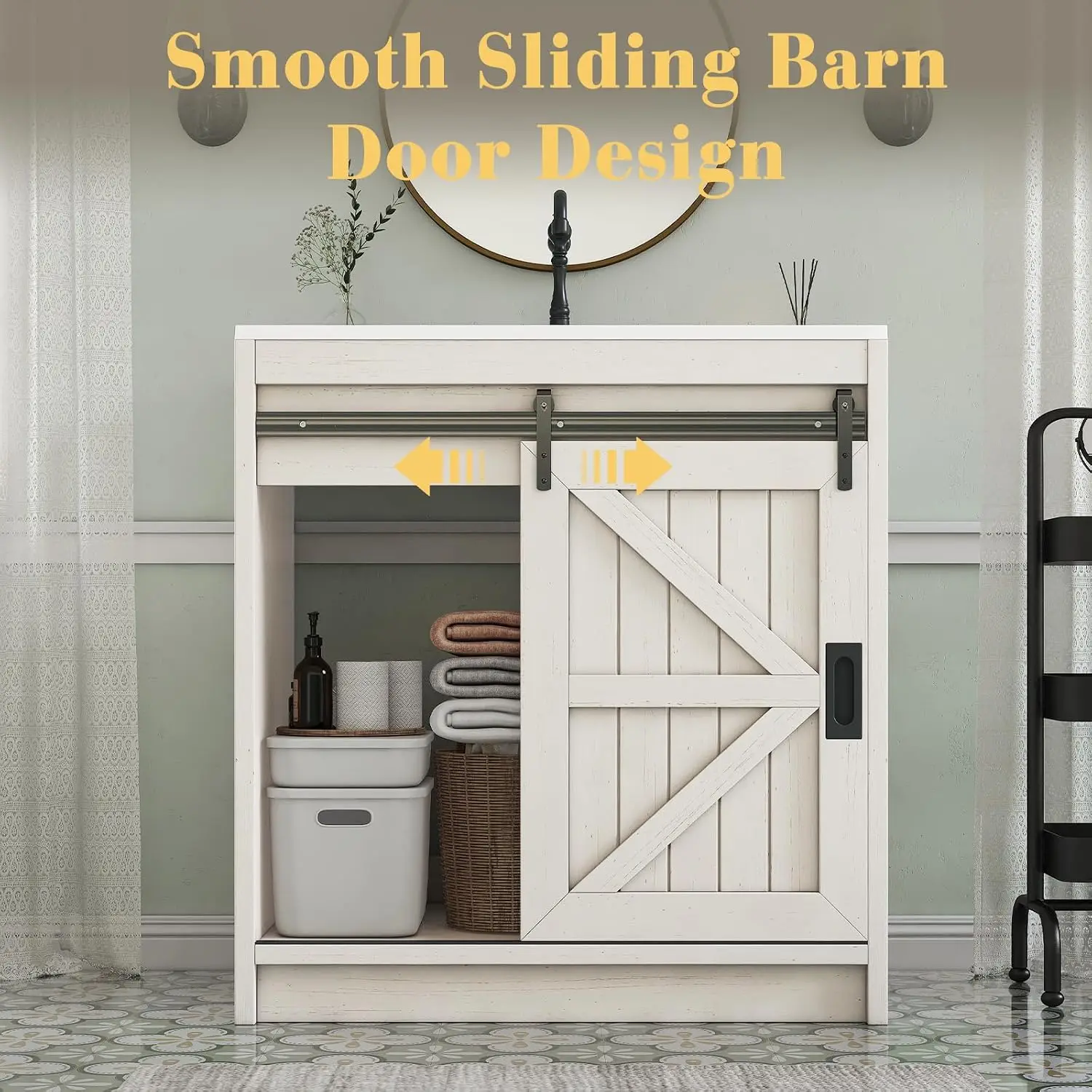 Large Farmhouse Bathroom Vanity With Ceramic Sink Combo, Freestanding Wood Restroom Storage Cabinet Featuring Smooth Sliding Barn Door And Utility Drawers For Small Apartment Home Powder Room, Distressed White - view 6