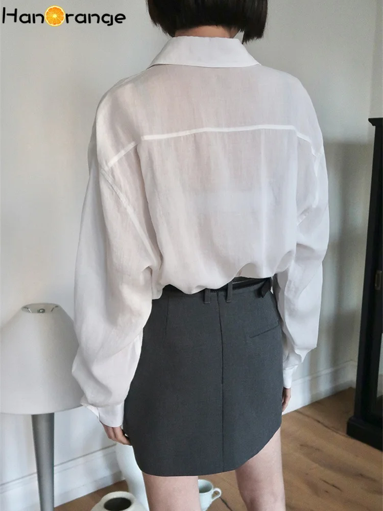 HanOrange 2025 Lightweight Silhouette Bamboo Knot Texture Shirt women Lyocell Linen Drape Breathable Top White/Blue