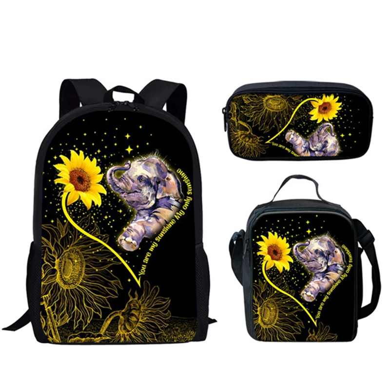 Animal Elephant Dog Sunflowers 3pcs/Set Backpack 3D Print School Student Bookbag Anime Laptop Daypack Lunch Bag Pencil Case