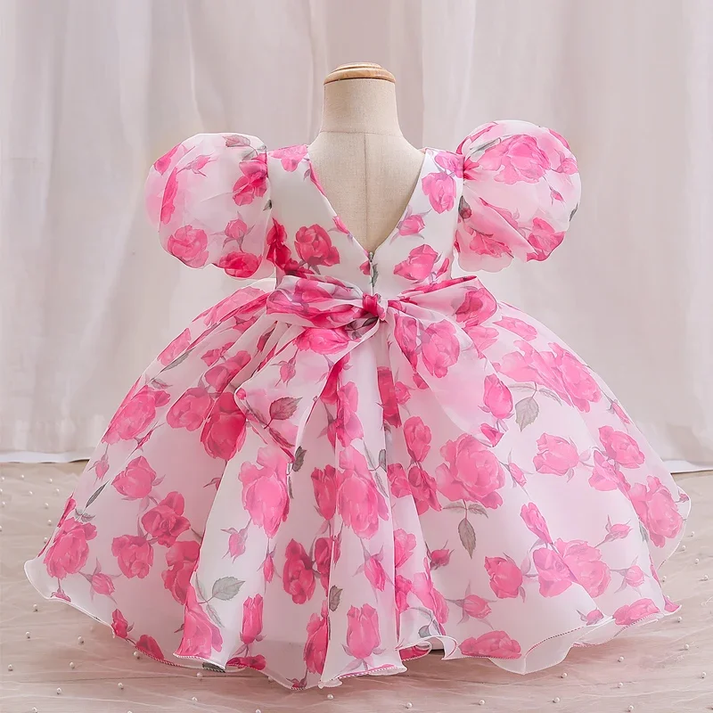 Toddlers flower handle mesh bubble sleeve short Princess dress back V-bow adorn sweet holiday Wind Seaside camping #M139