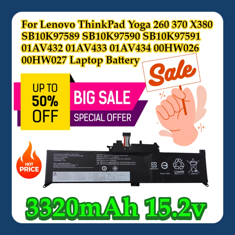 

For Lenovo ThinkPad Yoga 260 370 X380 SB10K97589 SB10K97590 SB10K97591 01AV432 01AV433 01AV434 00HW026 00HW027 Laptop Battery