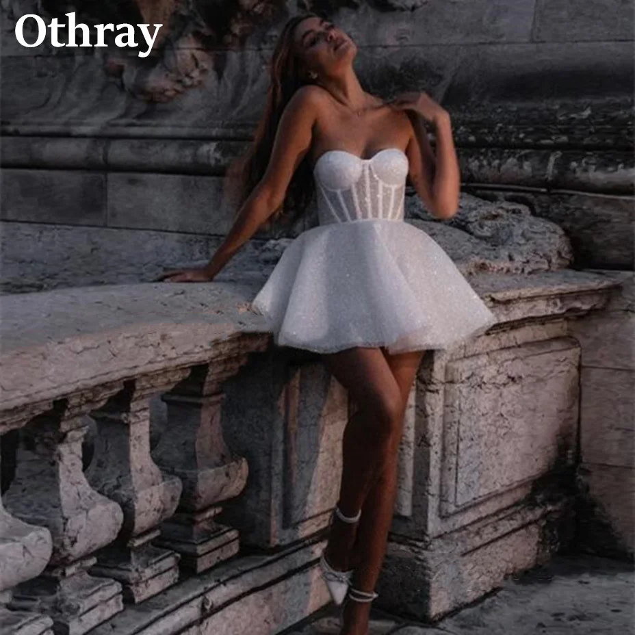 Othray Glitter Short Wedding Dresses Lovely Mini Length Outdoor Bridal Gowns Sweetheart Neck Exposed Boning Unique Prom Party