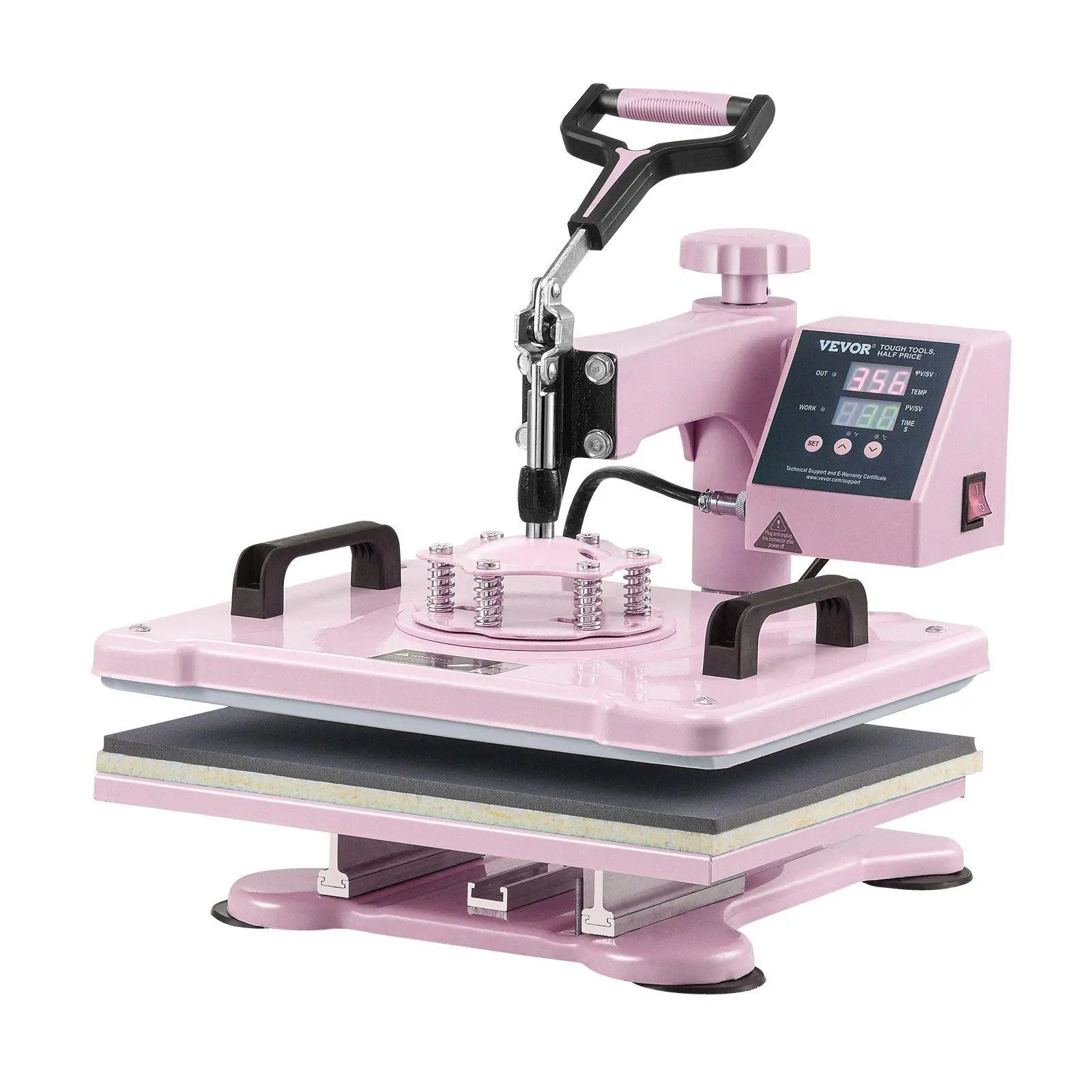 

5-in-1 Adjustable Heat Press Machine 12x15in Plate 30oz Mug Press Digital Temp Time Control Ergonomic Handle Safe Design Pink