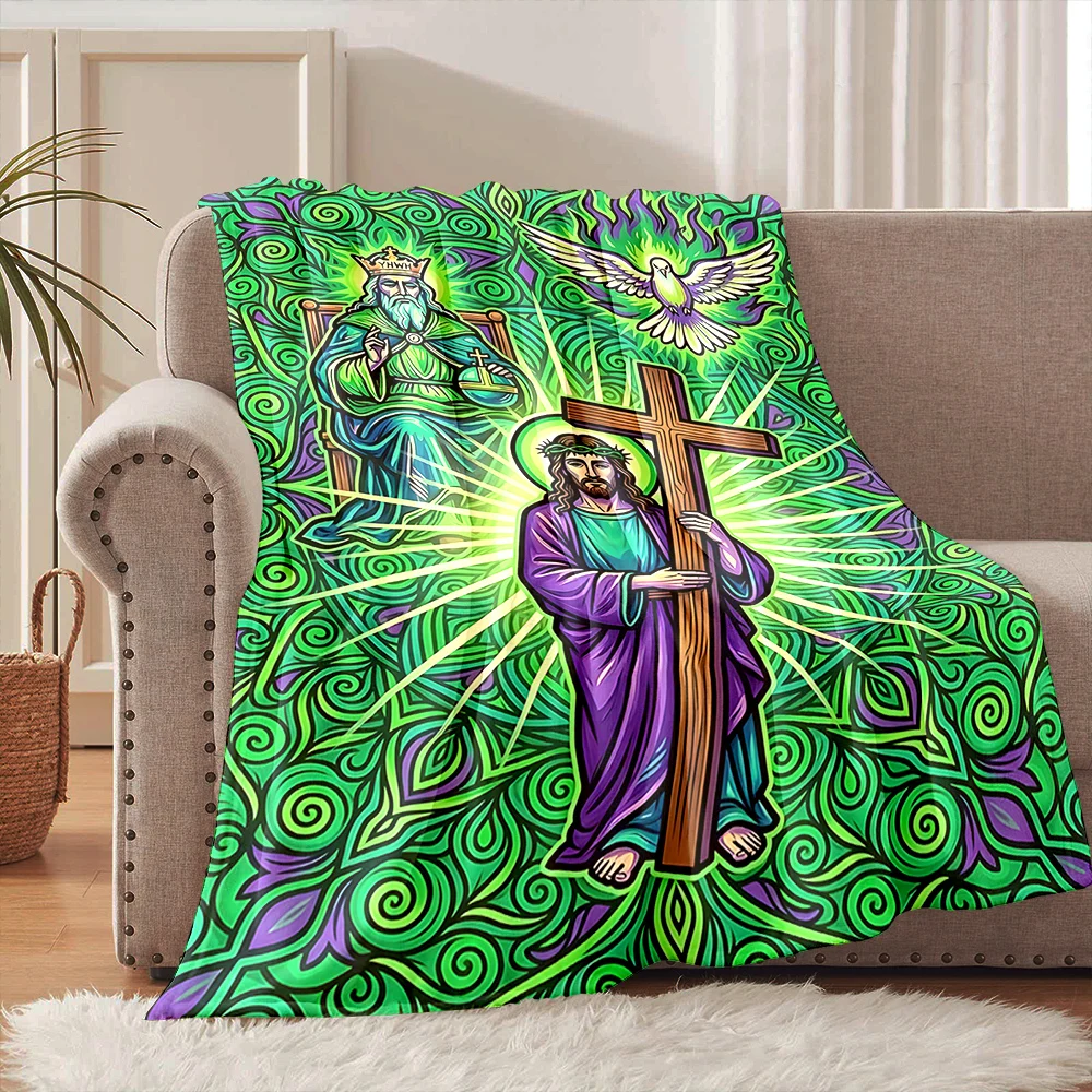 Religious figures and symbolic elements Faith-printed Flannel Blanket Soft Warm Suitable for Home Travel Picnics Camping RV