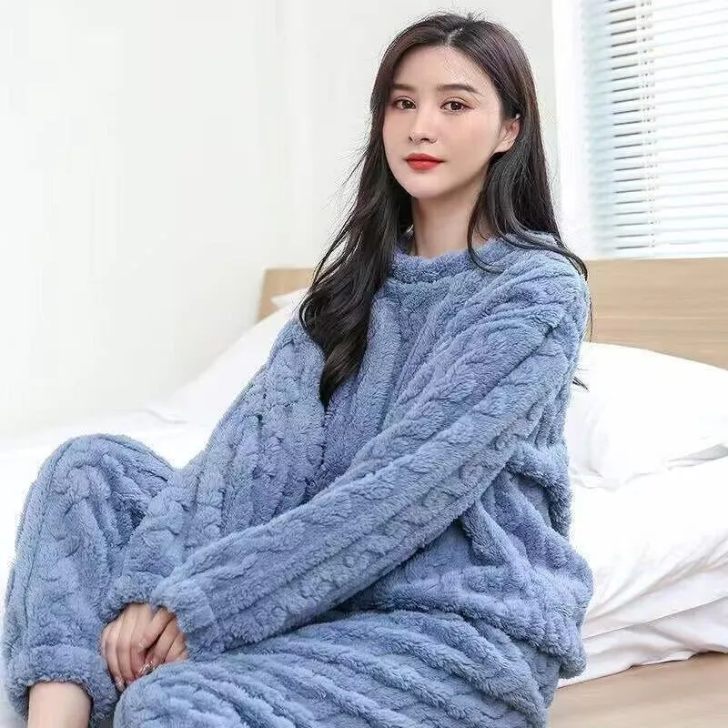 Thick Coral Fleece Pajamas Set Women's Autumn Winter Home Clothes Flannel Warm Large Size Fleece Lined Sleepwear Suit S408057386a1e4d6da0bbaca5a7b3bd07m