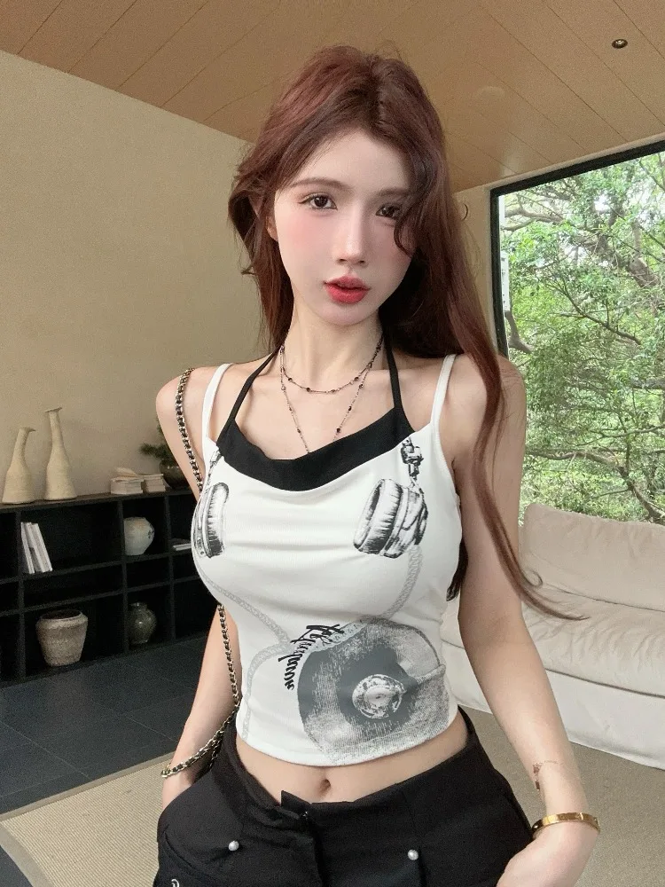 

Pure Desire Spicy Girl Style Micro Swinging Collar Print Splice Hanging Neck Tight Fit Halter Top Women Simple Fashion with C...
