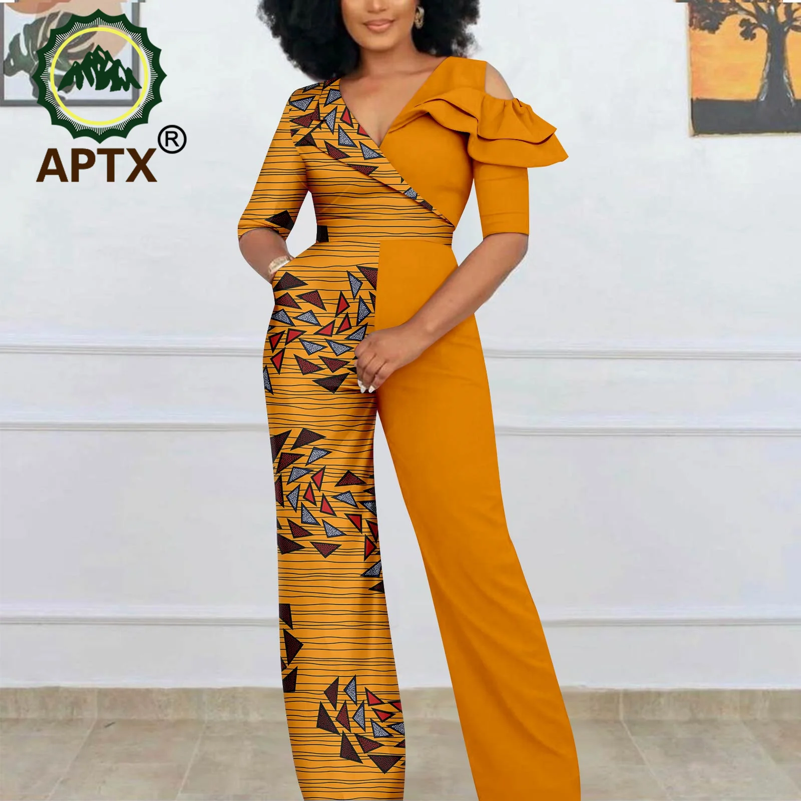 

African Jumpsuits for Women Ankara Patchwork Short Sleeve V-Neck Casual Romper Dashiki Women Print Pants Suits 2429002