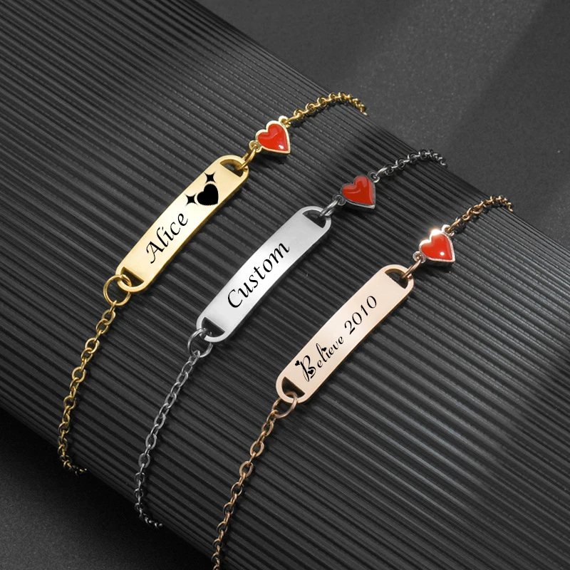 No Allergic Stainless Steel Personalized Name Kids ID Bracelet Custom Baby Chain Link Heart Bracelet for Newborn Boy Girls Gift