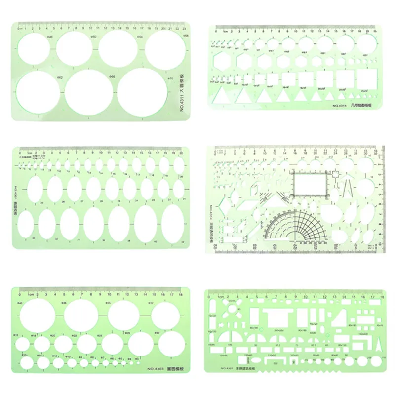 6가지 스타일의 녹색 플라스틱 원형 기하학적 템플릿 자, 스텐실 측정 도구, 학생용 그림 그리기 곡선 자