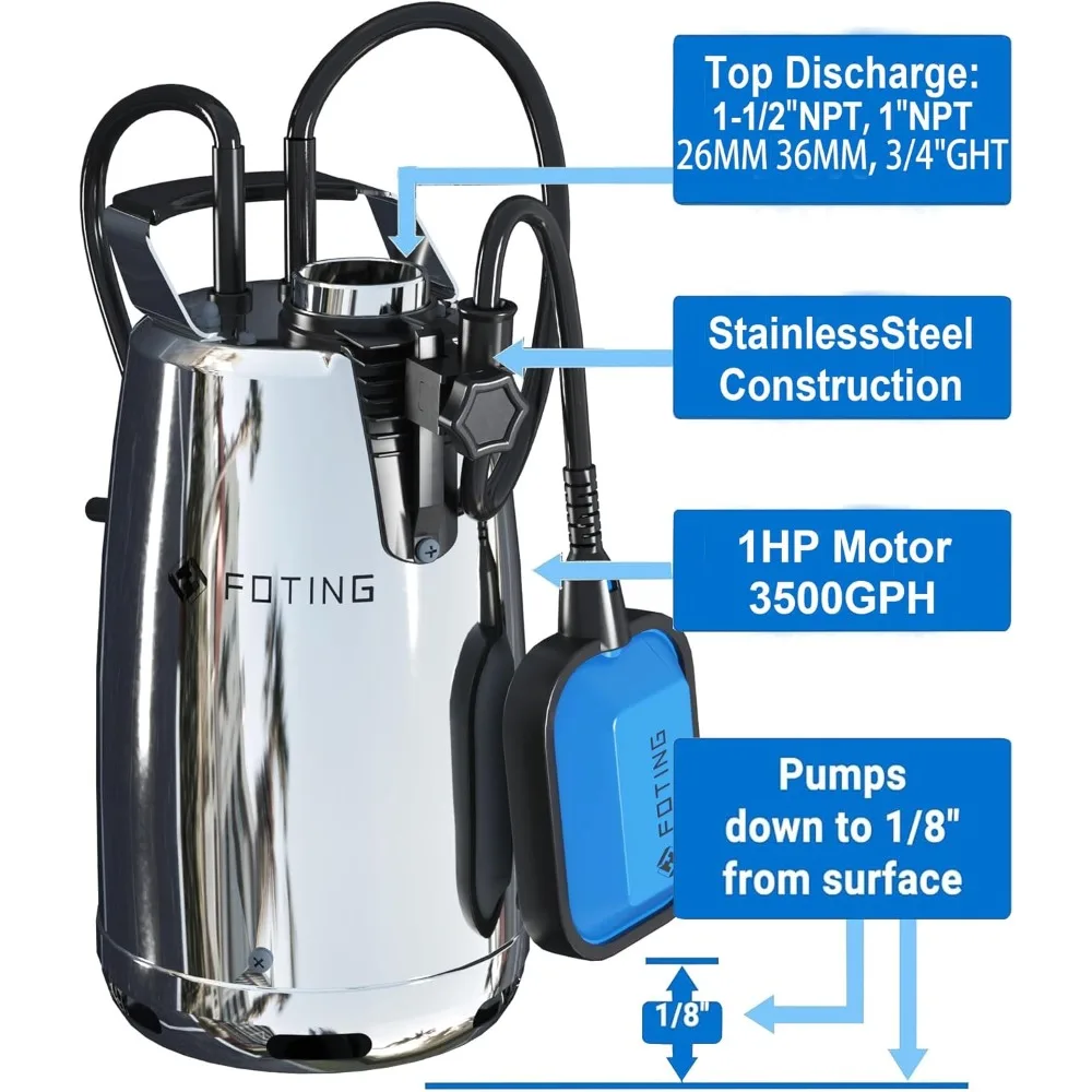 

NEW - Stainless Steel Sump Pump 1HP Automatic & Manual Mode- with Float Switch,3500GPH Submersible Water Pump