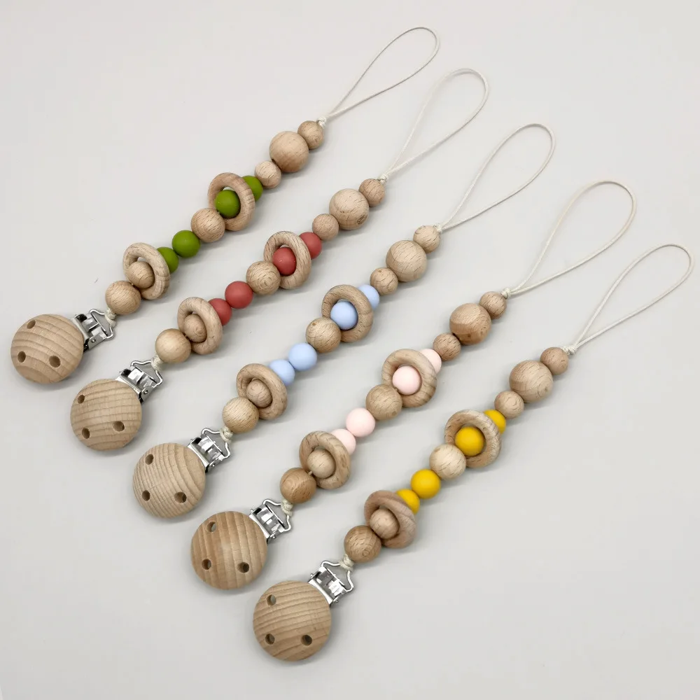 

Wooden Baby Anti-drop Pacifier Clips Silicone Beads with Beech Wood Ring Infant Nipple Appease Soother Chain Clips Dummy Holder