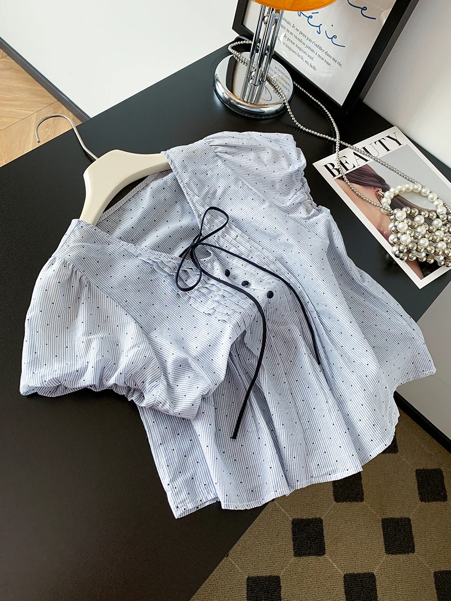 

Женская летняя блузка с V-образным вырезом, в горошек, с узлом и вставками, с короткими рукавами-фонариками, для узкого круга аудитории, модный дизайн