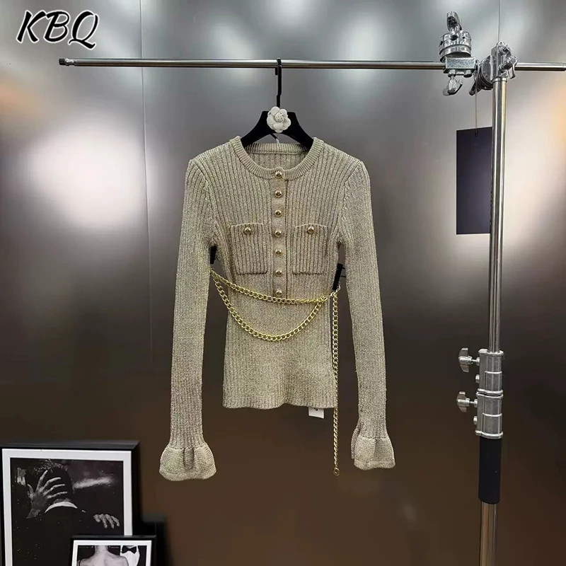 

KBQ Solid Spliced Button Slimming Chic T Shirts for Women Round Neck Long Sleeve French Style Knitting Sweater Female Fashion
