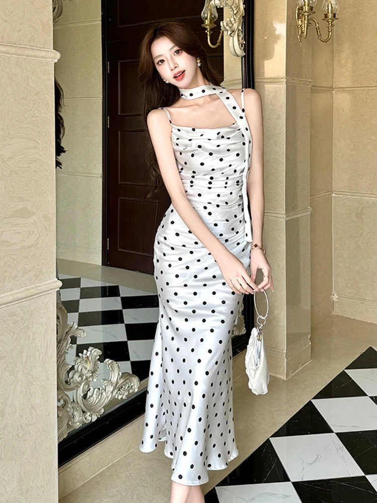 Nuova estate francese a pois abiti in raso donna cinturino sexy backless aderente maxi abito elegante festa formale sottile sirena abito