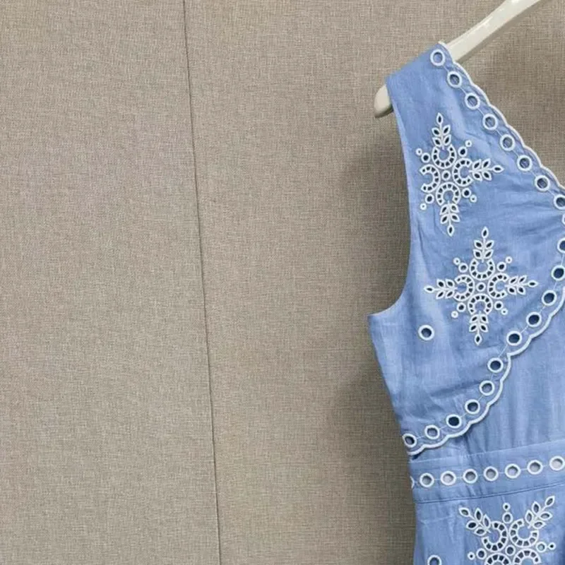 

2024 Summer Women Embroidery Hollow Out V-Neck Tank Dress Blue Sleeveless Backless Female High Waist Ruffles Mini Robe