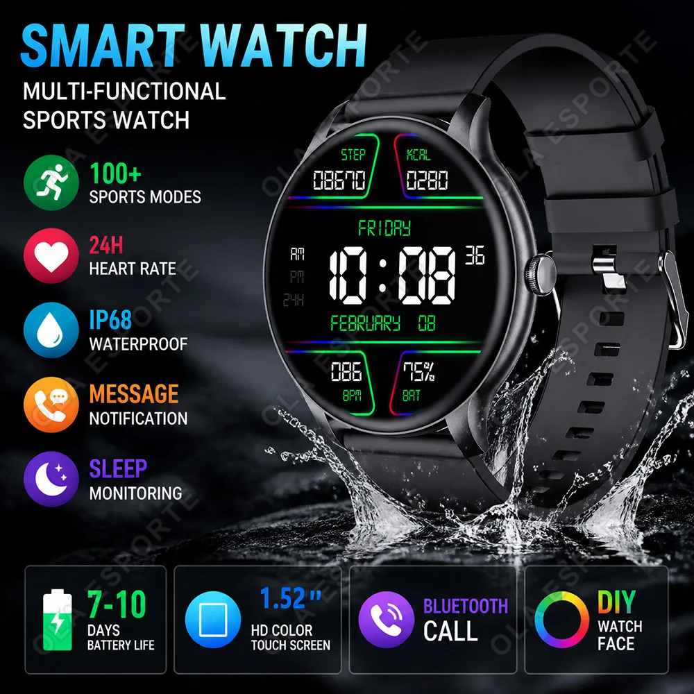 Neue Smartwatch Herzfrequenz Schlaf Gesundheitsmonitor Bluetooth-Anruf Smartwatch Damen Sport GPS-Tracking für Android IOS HW12