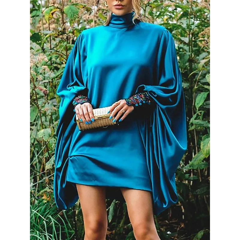 Tinaa Blue Batwing Sleeves Dress Women 2025 Loose Fit Turtleneck Folds Party Evening Dresses Flower Print Woman Clothing 106607