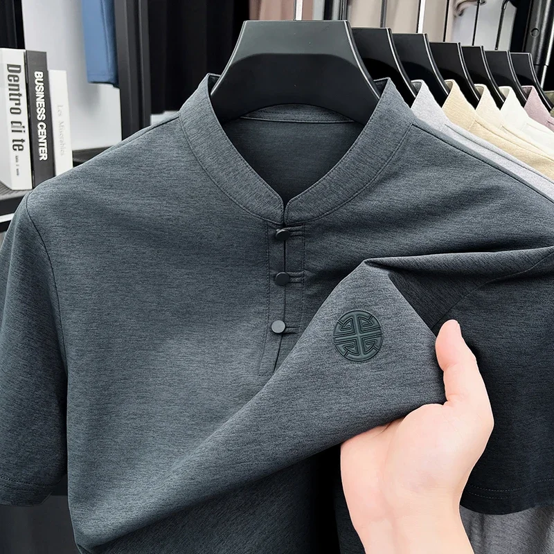 Men's Mandarin Collar Short Sleeve T-Shirt Casual Chinese Style Button Henley Shirt image 3