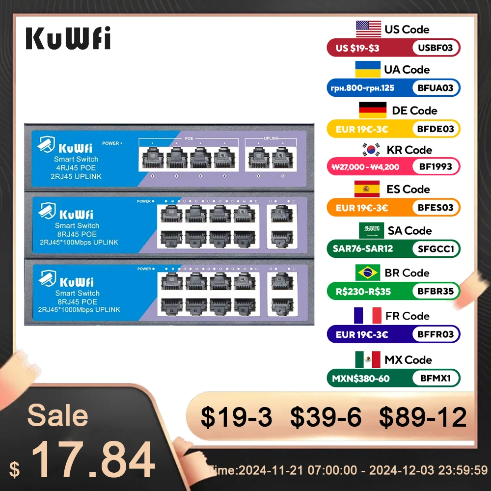 Switch POE KuWFi Switch Ethernet di rete 4/8 porte 100 Mbps con porta RJ45 POE veloce e uplink per telecamera IP/AP wireless