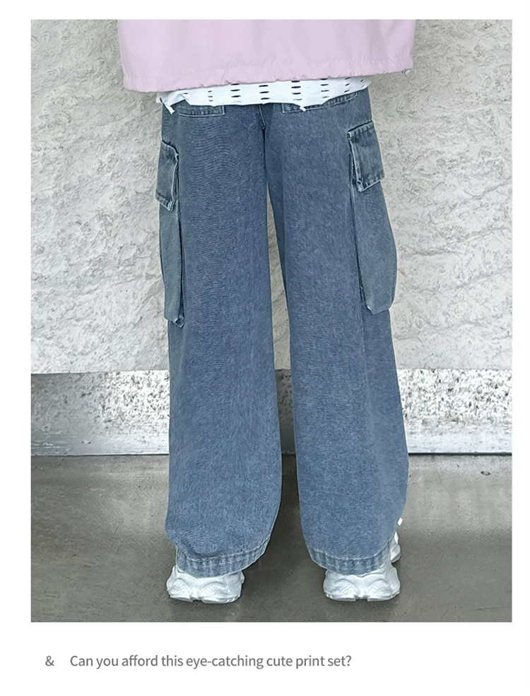 Kinder Retro Distressed Cargo Jeans mit Tasche für Mädchen, Modische Streetwear Denim Hosen, Teenager Kinder Baggy Cargo Jeans Hosen – Detail 8