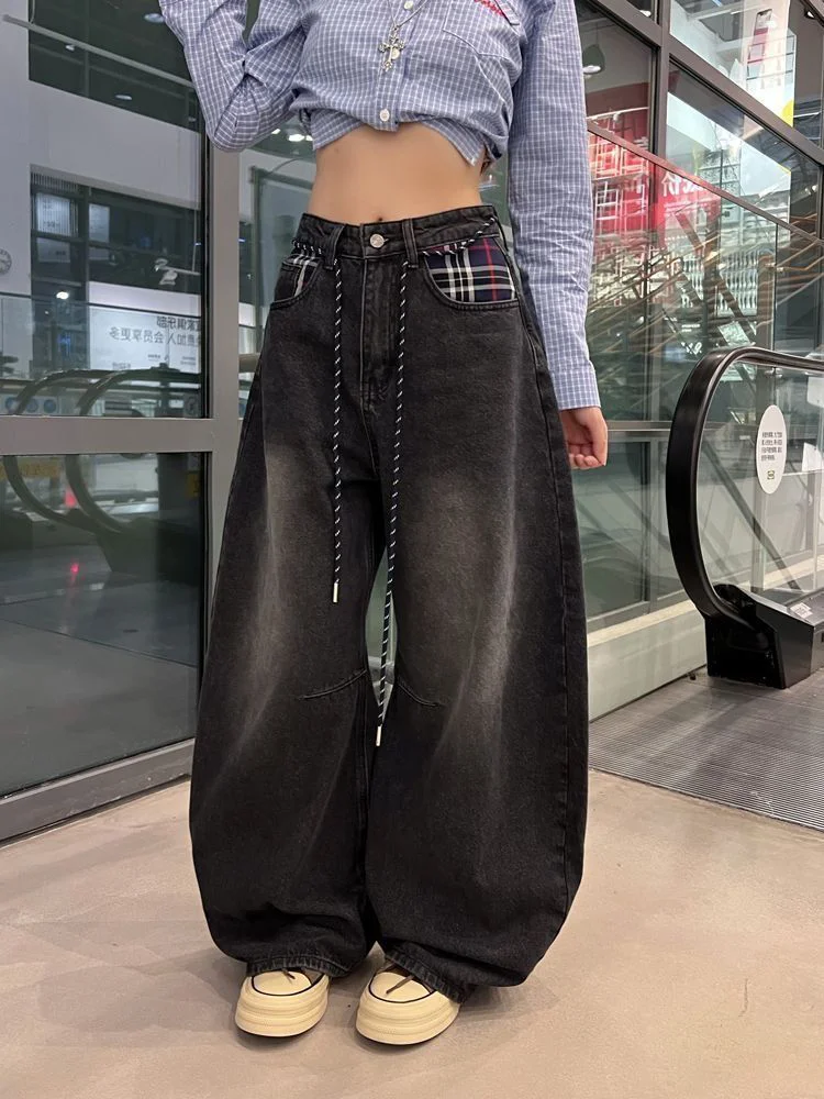 

Women's Y2K Black Casual Denim Pants Line High Street Harajuku Wide Leg Jeans Fashionable Design Sensation Streetwear Clothing