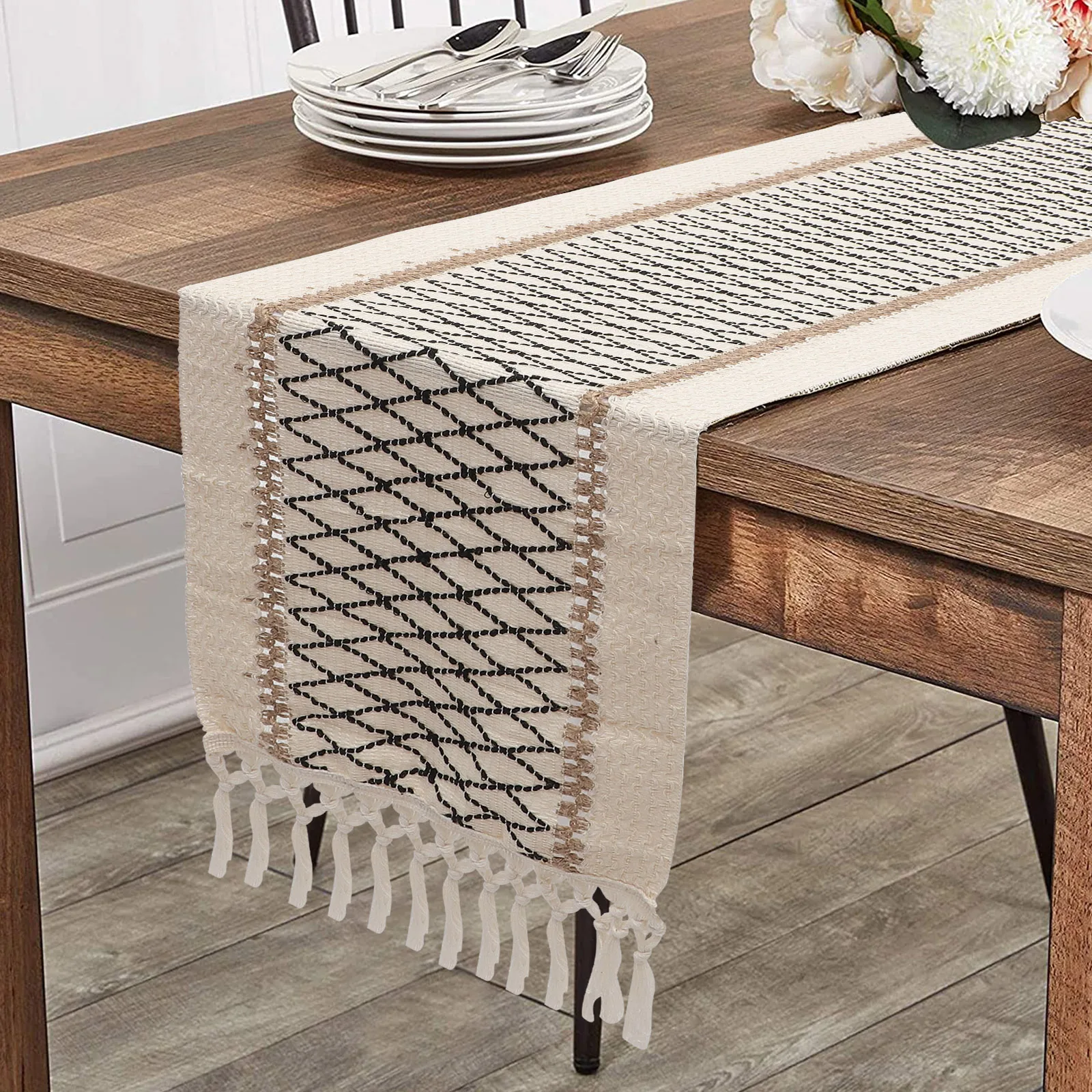 

Cotton Linen Runner Rustic Farmhouse Tablecloth Black Grid Decor Tassel Table Cover Decor Banquet Holiday Supplies Cover