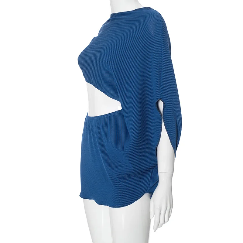 스타일리시 레이디 컷 아웃 니트 드레스 2025 여름 여성 반소매 O넥 바디콘 블루 미니 나이트 클럽 파티 드레스