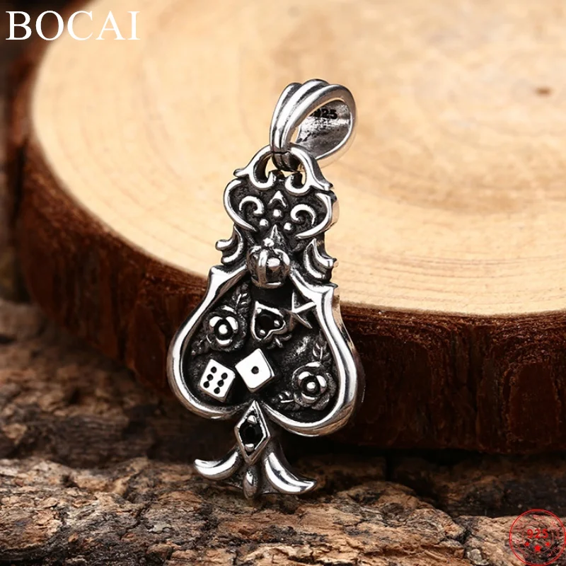 BOCAI S925 Sterling Silver Charms Pendants for Women Men New Fashion Poke-spade Emboss Rose Inlaid Zircon Jewelry Wholesale