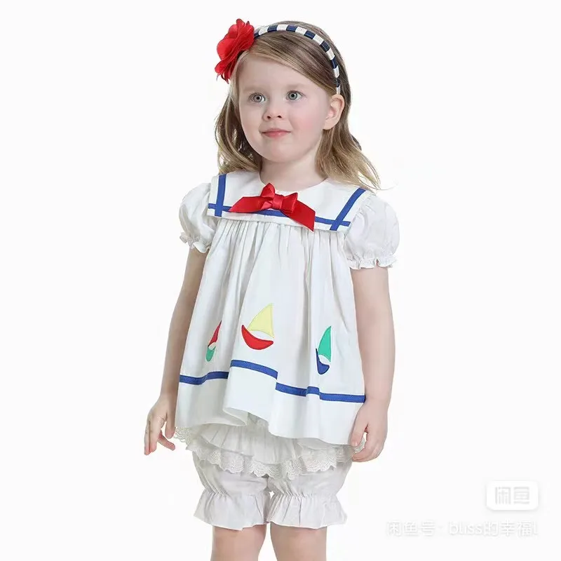 Handmade New Arrivals Cartoon Embroidered Sailing Girls Navy Sailor Suit Sling Vest Sleeveless Dress Toddler Girl Clothes