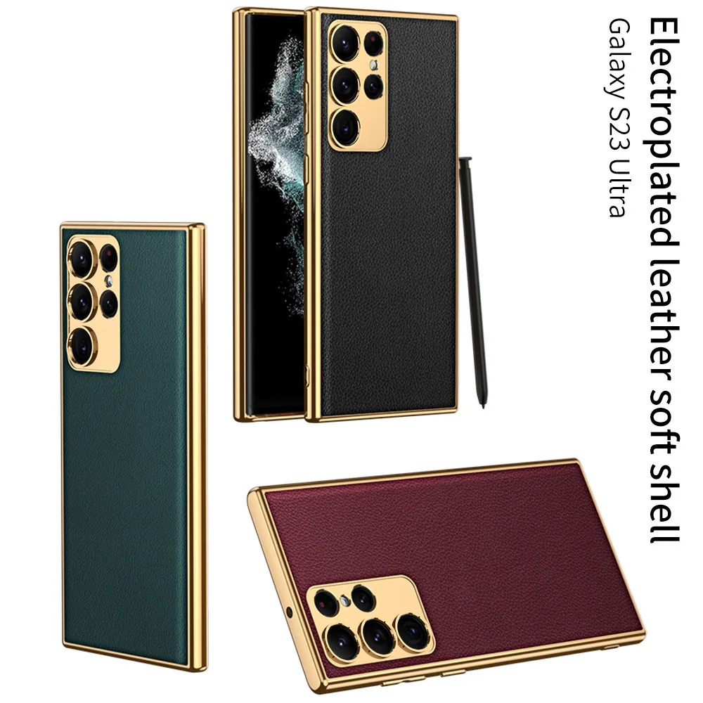 

For Samsung S24ultra Case Ultra-Thin Electroplated Bezel High-End Vegan Leather Fine Hole S23ultra Business Simple Leather Case