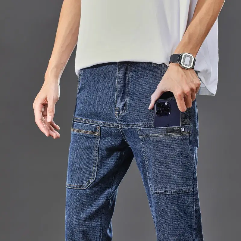 Jeans de carga reto de seis bolsos masculino, slim fit, bolso grande, calça de trabalho, marca moderna, jovem, conveniente, 2023