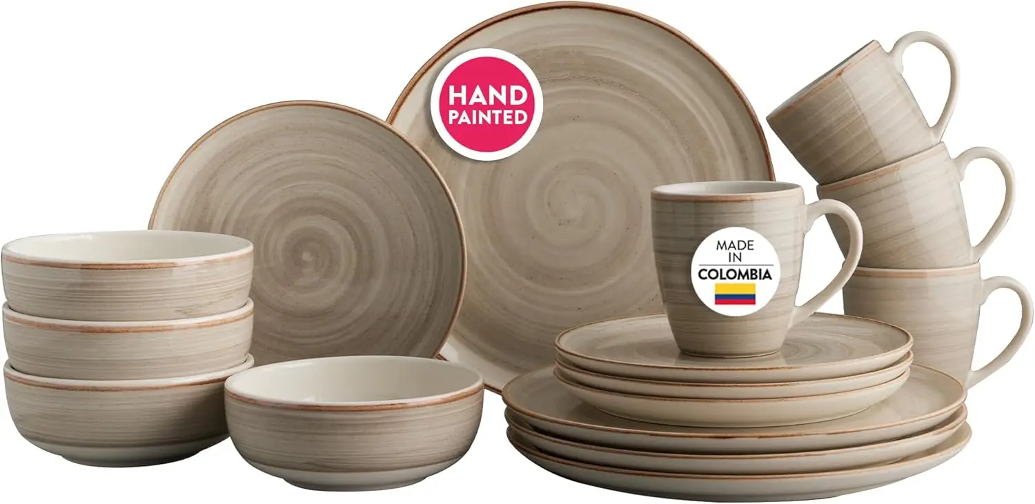 

16-piece Rustic Aestethic Hand-Painted Versatile Ceramic Dinnerware Sets | Plates, Bowls and Mugs | Service For 4 | Gray Caoba