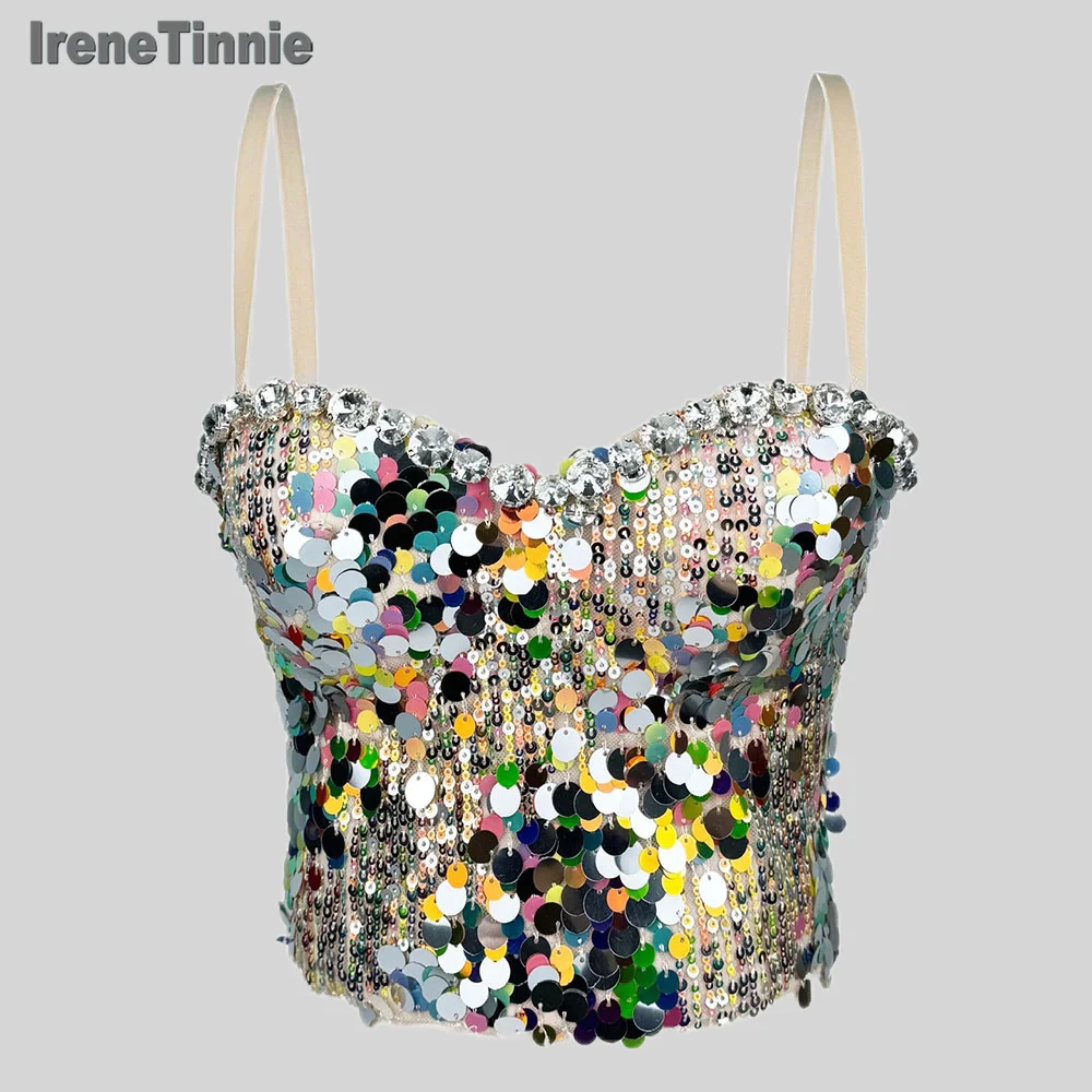 IRENE TINNIE Crop Top With Colorful  Sequin Bustiers Sexy Corset Apricot Rhinestone Tank Top Women's Binder Bra, 2025 Fashion