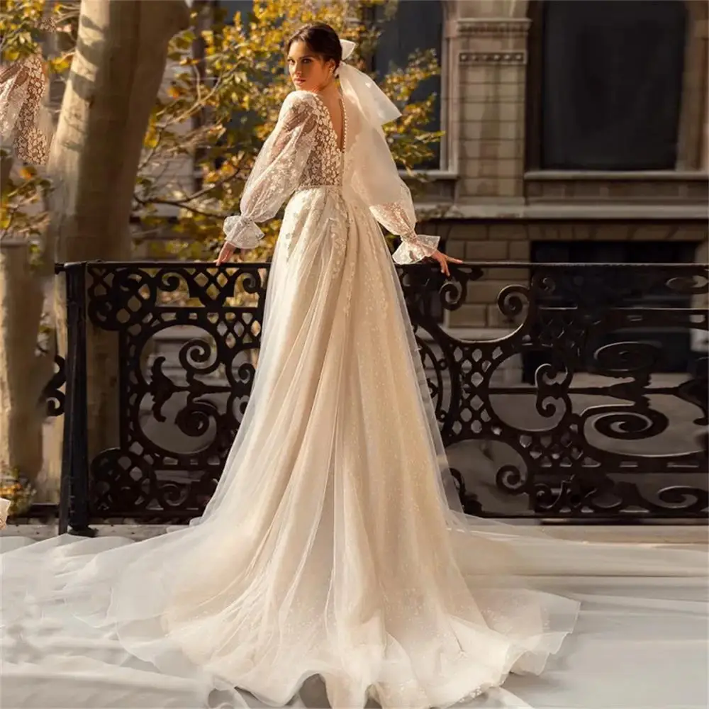 Sweet  V-Neck Wedding Dresses For Women Lace Appliques Flower Print Bridal Gowns 2024 Newest Backless Tulle Bride Princess Robes