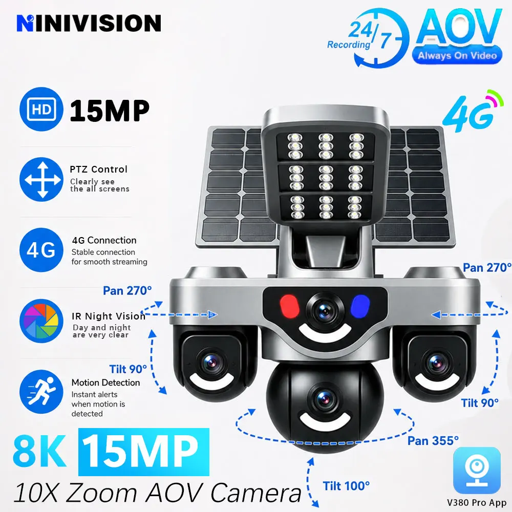 15MP Three Screens 4G AOV Solar Camera Outdoor 24/7 Record 12000mAh Battery 10X Optical Zoom PTZ Waterproof CCTV Security Camera
