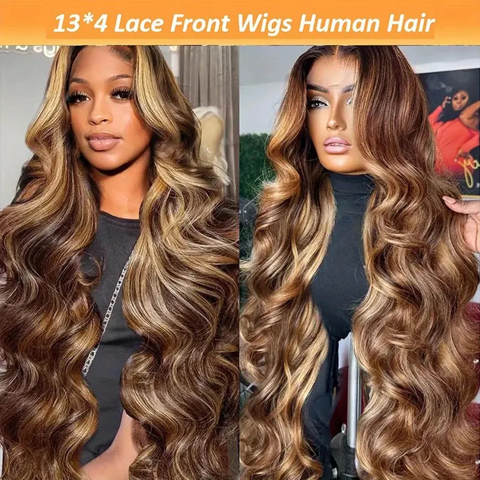 

13x4 13x6 HD Transparent Lace Front Human Hair Wigs Frontal 100% Natural Brazilian Highlight P4/27 Body Wave Hair For Women