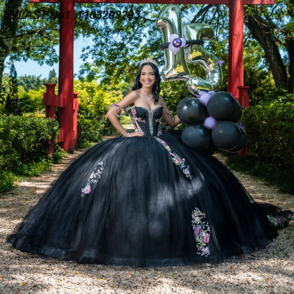 

EVLAST Customized Sparkly Black Ball Gown Quinceanera Dress Purple Floral Applique Beading Sweet 16 Vestidos De 15 Anos E1QN155
