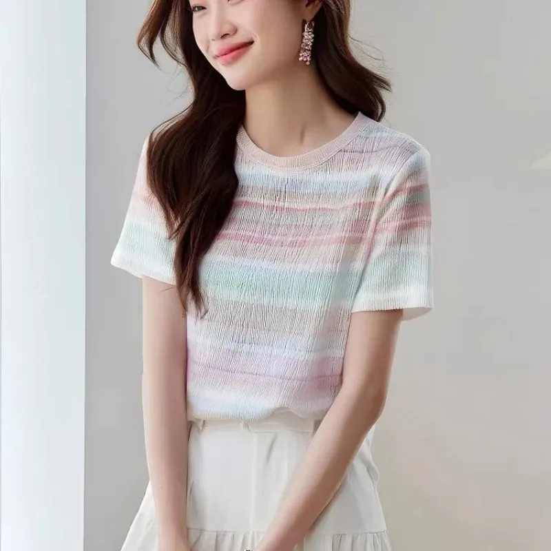 Women's Pastel Rainbow Striped T-Shirt Casual Crew Neck Short-Sleeve Slim Fit Knit Top