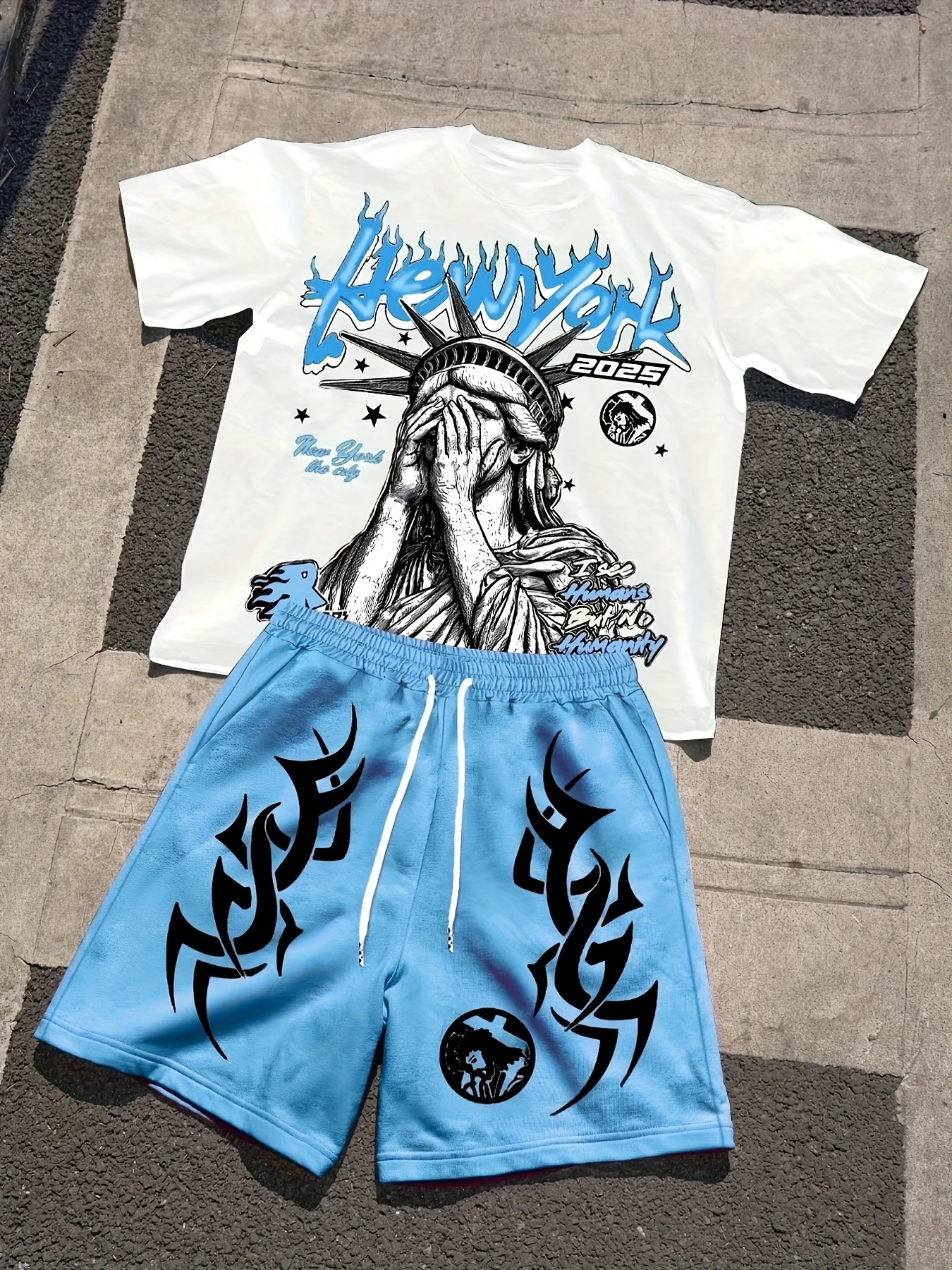 

New men's short-sleeved suit for summer 2025 casual roller skating Jesus print street hip-hop men's wear