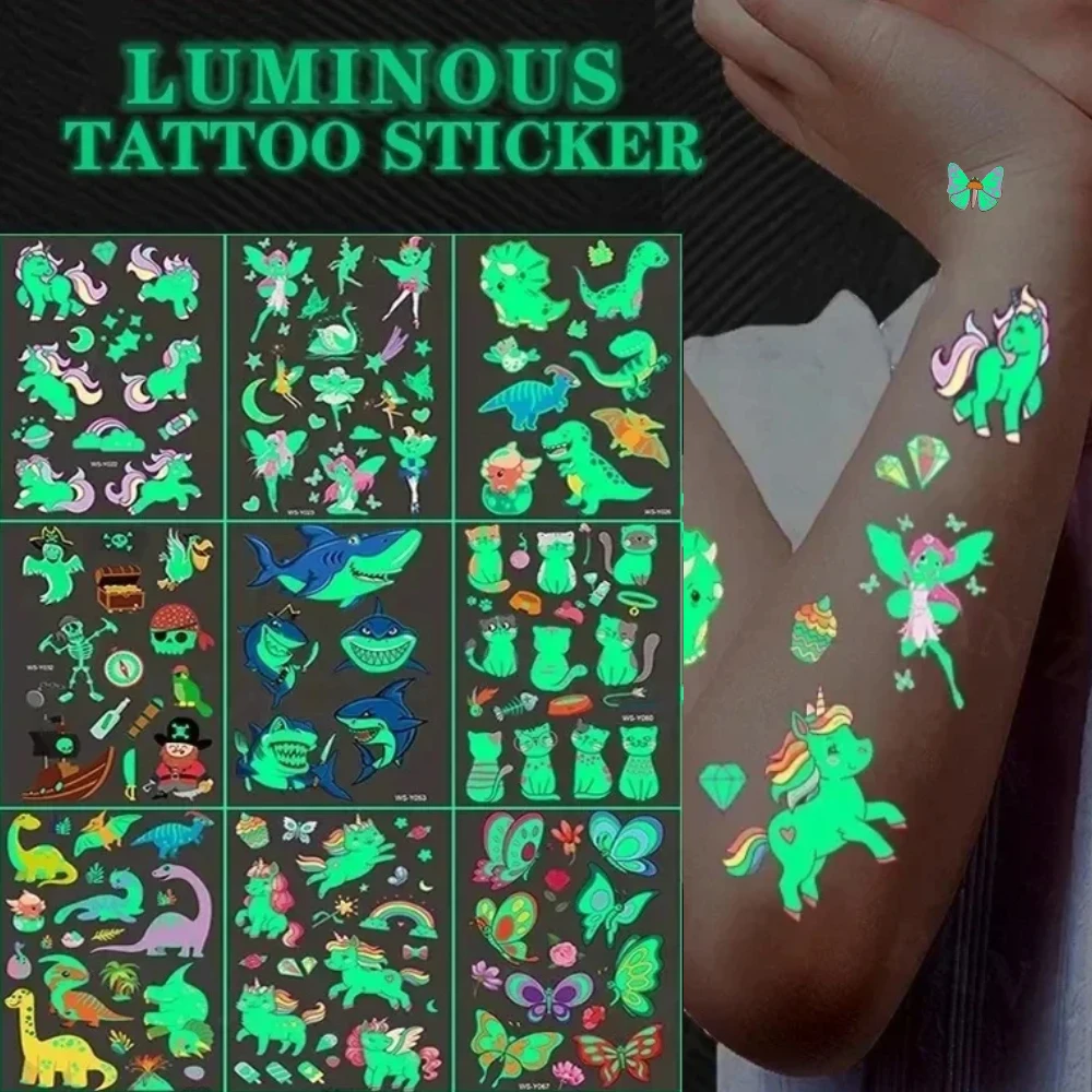 Luminous Tattoo Stickers Temporary Colorful Animal Mermaid Dinosaur Unicorn Space Cute Tattoo Stickers Body 5pcs/Set